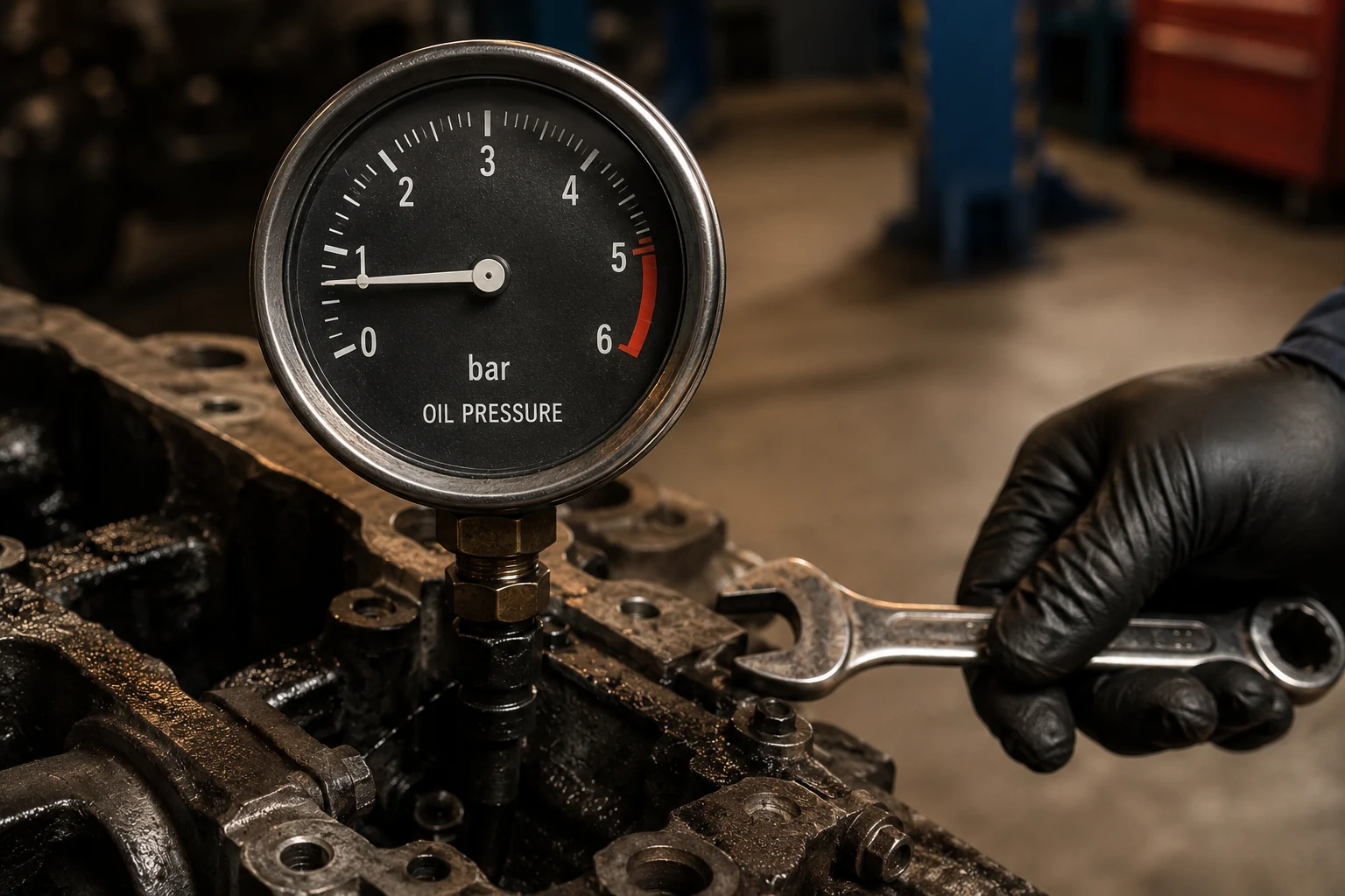 Oil pressure gauge fitted to engine block during pre-start check